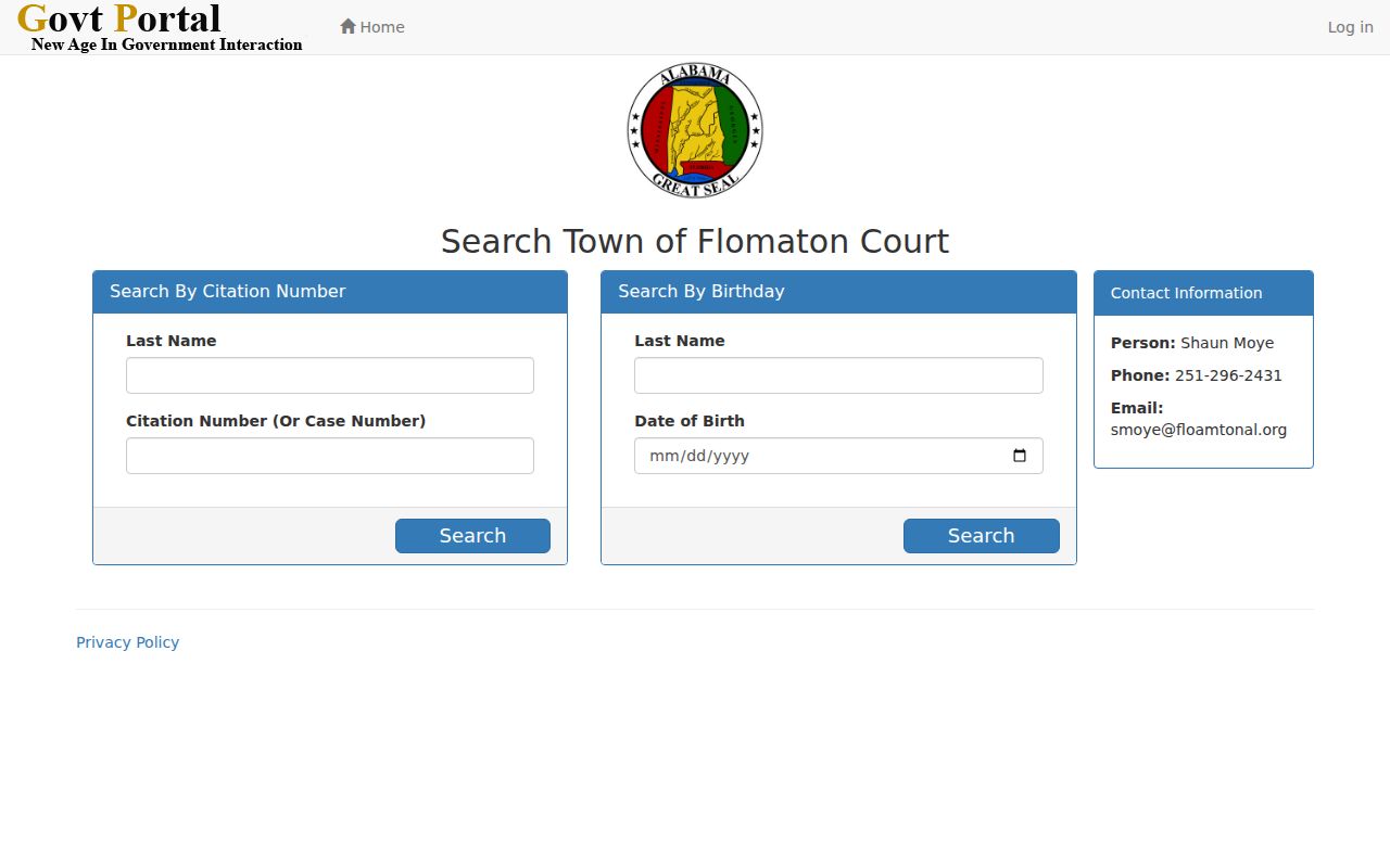 Escambia County docket search fields on the Flomaton citation portal