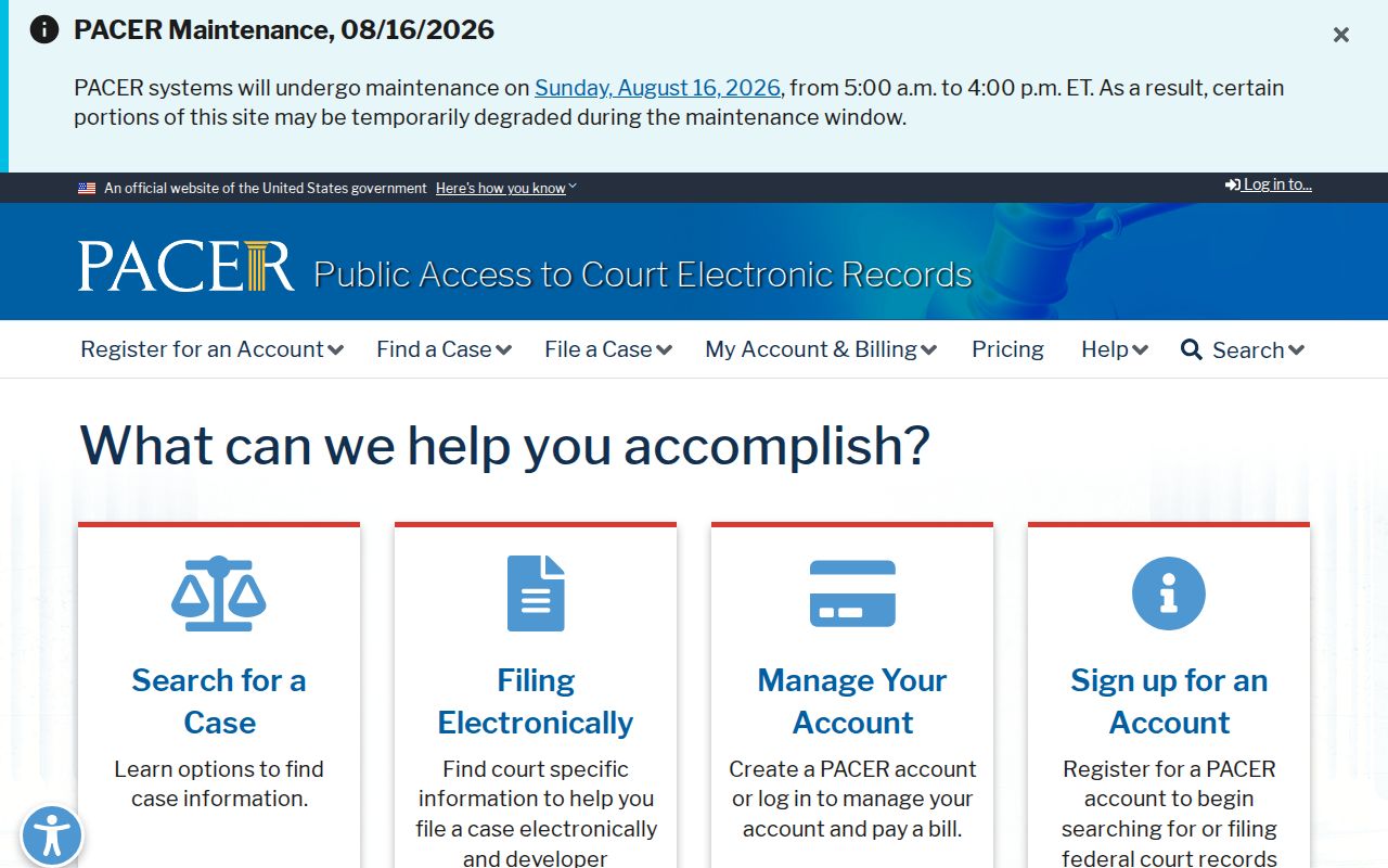 Escambia County court record boundary shown through the federal PACER service