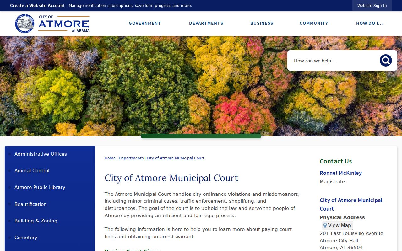Atmore Municipal Court page for city criminal dockets in Escambia County